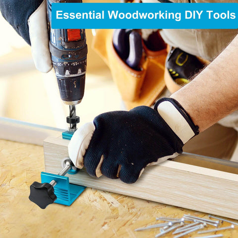 Pro Grade All In One Pocket Hole Jig Kit For Precise Dowel Drill Joinery And Screws In Woodworking Projects For DIY Hobbyists And Pros With Durable Metal Construction For Flush And Angled Holes Upgrade Version in use on wood piece with drill.