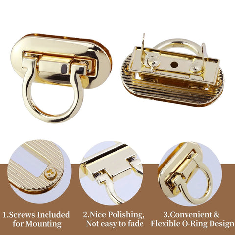 Gold-tone ring-style turn-lock clasps (4 pcs) for purses, front and back views.