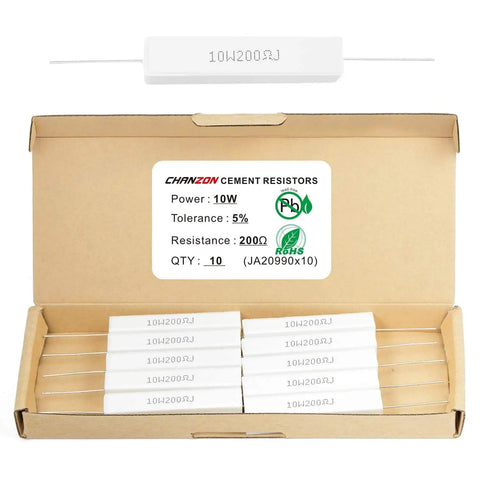 10 Pack 10W Ceramic Cement Resistors 200 Ohm Wirewound With 5 Percent Tolerance in open box packaging for DIYers