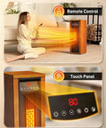 Blazing Warm 1500W Electric Space Heater, remote control operation, touch panel, walnut finish, cozy indoor use.