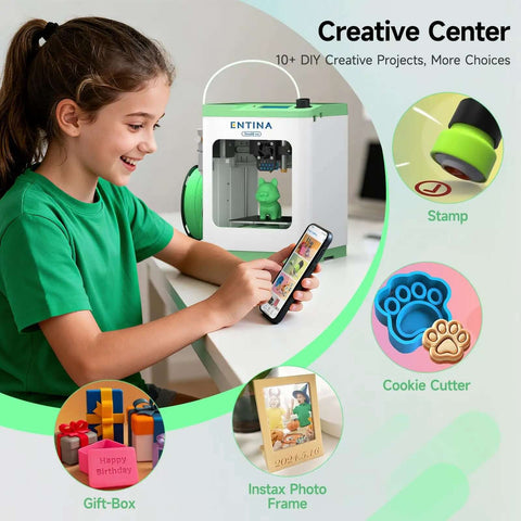 Tina2S 3D Printer With WiFi Cloud Printing being used by a child, showing DIY projects like stamp, cookie cutter, gift-box.