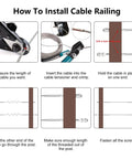 Instructional guide on installing 50 Pack 1/8 Inch Stainless Steel Cable Railing Swage Threaded Stud End Fittings for 2x2 posts.