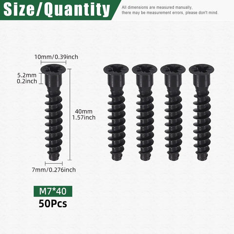 50 Pcs Highpoint Confirmat Screws Flat Head Countersunk Black Zinc Plated Furniture Connectors M7 x 40mm size details