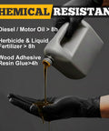 Side view of TitanFlex black nitrile gloves, 8-mil, XL, worn while pouring liquid.