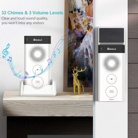 Solar Powered Wireless Doorbell Intercom All In One Kit With Waterproof Build Real Time Two Way Talk 1 Transmitter And 2 Receivers Rechargeable Battery Long Range Chime System For Home School Office Hotel No Brainer Easy Install displayed on a table with music notes and deer figurine