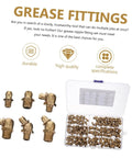 Copper Grease Nipples Assortment Kit With Zerk Fittings for lubrication M8 and 10 size fittings with straight and angled adapters.