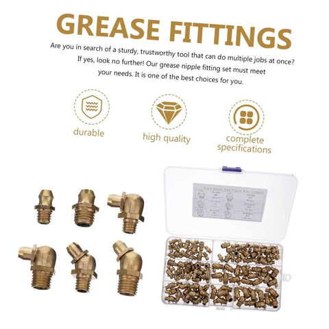 Copper Grease Nipples Assortment Kit With Zerk Fittings for lubrication M8 and 10 size fittings with straight and angled adapters.