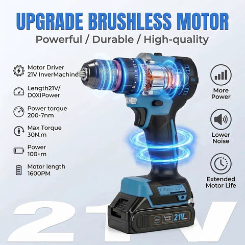 21V Brushless Cordless Drill Driver Kit With Dual Batteries And Quick Charge Station, Heavy Hitter 64.9 Nm Torque, 25 Plus 1 Clutch, 2 Speed Gears Ideal For Weekend Warrior Diy Furniture Builds - featuring detailed brushless motor.