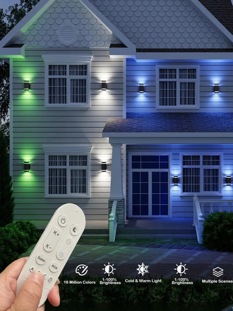 Up Down Outdoor Wall Light Sconce With Remote Control RGB Color Changing LED Black Exterior Porch Lighting on house