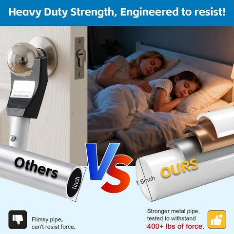 Comparison showing heavy duty door security bar adjustable up to 47 inches, highlighting strength against flimsy competitor pipe.