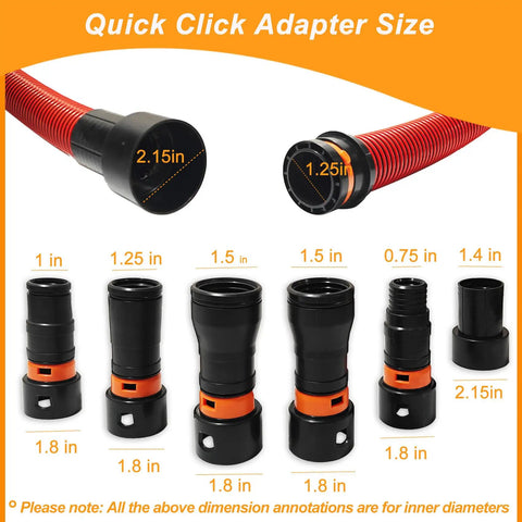 Ten Foot Vacuum Hose With Six Adapters For Dust Collection One And One Quarter Inch Diameter Fits Home And Workshop Vacuums And Powers Woodworking Tools And Sanders Compatible With Festool DeWalt Bosch Ryobi Makita And Other Major Brands shown with adapter sizes in inches