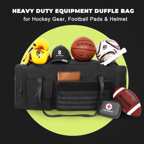 Beefy 130L Extra Large 36 Inch Heavy Duty Gym And Travel Duffel Bag Built To Haul Mega Sports Gear From Basketball And Baseball To Hockey Football Helmets And Pads Durable Oversized Gear Bag Black holding sports equipment