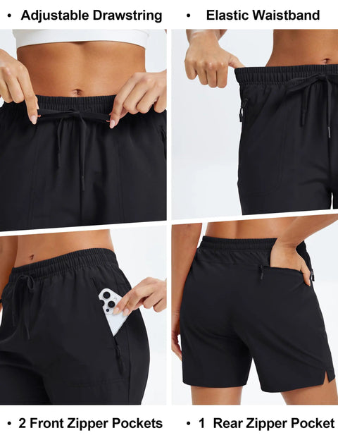Women's Athletic Hiking Running Shorts With Pockets Lightweight Quick Dry Outdoor Active Shorts showing drawstring and waistband