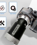 Tile diamond core drill bit, 1-3/8 in (35mm) dry hole saw with 5/8-11 thread and 3/8 in hex shank adapter, mounted on drill