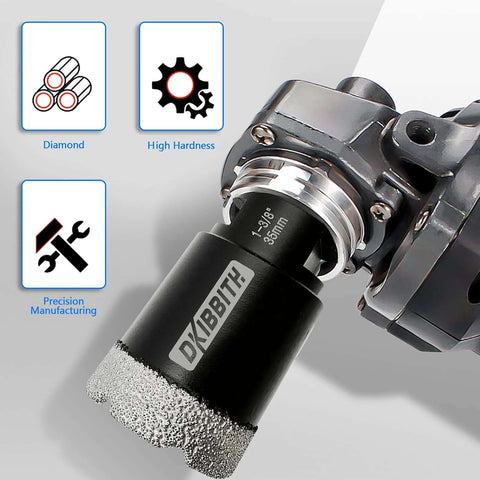 Tile diamond core drill bit, 1-3/8 in (35mm) dry hole saw with 5/8-11 thread and 3/8 in hex shank adapter, mounted on drill