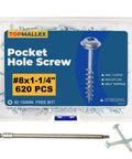 Pocket Hole Screws 1-1/4 Inch With Square Drive Size 8 Wood Screws 620 Pieces Fine Thread Washer Head Self Tapping Zinc Plated