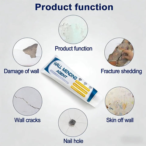 Drywall Patch Repair Kit With Scraper And Nozzle Extender, 5.3oz Paste Filler showing uses for wall damage and cracks.