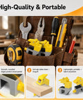 Nail It Scribe Jig Tool Kit With Three Precision Profile Guides And One Adjustable Pencil Scribe Block For Slick Kitchen Filler Cuts And Smooth Wardrobe Installations in a tool belt with yellow clamps and tools.