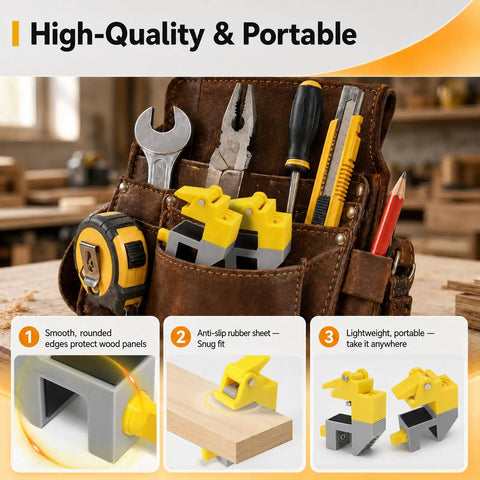 Nail It Scribe Jig Tool Kit With Three Precision Profile Guides And One Adjustable Pencil Scribe Block For Slick Kitchen Filler Cuts And Smooth Wardrobe Installations in a tool belt with yellow clamps and tools.