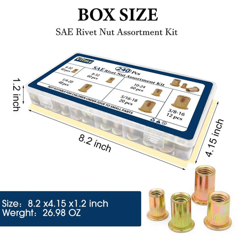 Rivet Nut Kit 240 Pcs Dope Six Size Set With 6-32 8-32 10-24 1/4-20 5/16-18 3/8-16 UNC Zinc Plated Carbon Steel Nutserts in box