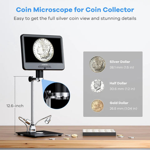 10.1 Inch LCD Digital Microscope For Coins And Soldering, 260X Magnification, Electronics Repair Camera, Coin Magnifier With Built In Lights, 12.6 Inch Adjustable Stand, 32GB Storage showing silver coin on screen