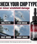 Windshield Crack Repair Kit 2 Pack Straight Up Solid Auto Glass Fix Tool showcasing chip types like Bull's-Eye, Star Break.
