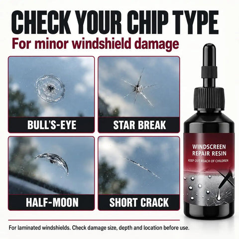 Windshield Crack Repair Kit 2 Pack Straight Up Solid Auto Glass Fix Tool showcasing chip types like Bull's-Eye, Star Break.
