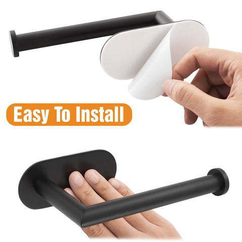 Matte Black Stainless Steel Toilet Paper Holder With Adhesive Mount, showing peel-off sticker and hand pressing for easy install.