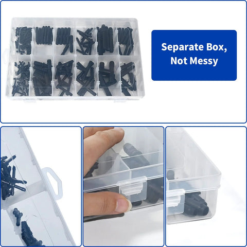 VIKKSAER 128-piece nylon vacuum hose connectors kit in a clear plastic storage box.
VIKKSAER 128-piece nylon vacuum hose connectors kit, side view of clear storage box with compartments.
VIKKSAER 128-piece nylon vacuum hose connectors kit, close-up of hand lifting the lid latch.
VIKKSAER vacuum hose connector kit in clear storage box, latch snapped shut.