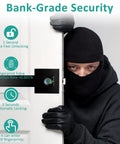 Smart Fingerprint Door Lock With Keyless Entry And Backup Keys Biometric Security For Home Office And Short Term Rentals Black 2 Easy Install Real Time Access Logs Durable Anti Tamper Design next to security feature labels and a person in black clothing