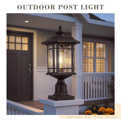 Outdoor Post Mount Light With Dusk To Dawn Sensor In Oil Rubbed Bronze Water Ripple Glass Lantern on patio post