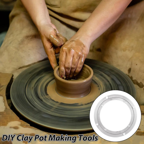 Two 8-inch aluminum Lazy Susan bearings for rotating turntables; inset shows ring; background clay pot on wheel