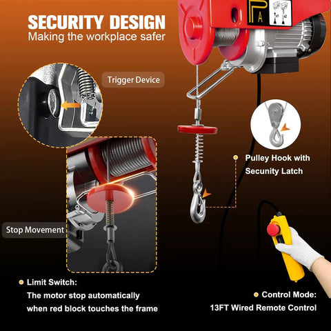 Security features of Beefy Electric Hoist 440 Lbs With Wired Remote And Emergency Stop 510W Copper Motor with latch and control