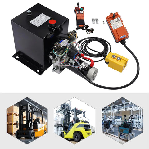 Heavy Duty 12V DC Hydraulic Power Unit With Double Acting Pump And Remote Control Wired Options For Dump Trailers Car Hitches Lift Systems High Performance Electric Motor with control panel.