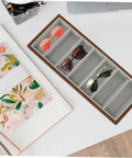 Keep Your Gear Sorted With This Hella Practical 3 Piece Wooden Sunglasses Display Stand Featuring Seven Grid Compartments And Soft Cloth Lining For Shades Jewelry And Watches, gray interior with sunglasses in compartments.
