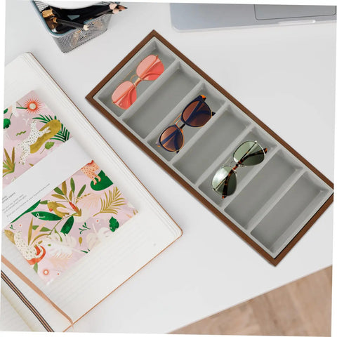 Keep Your Gear Sorted With This Hella Practical 3 Piece Wooden Sunglasses Display Stand Featuring Seven Grid Compartments And Soft Cloth Lining For Shades Jewelry And Watches, gray interior with sunglasses in compartments.