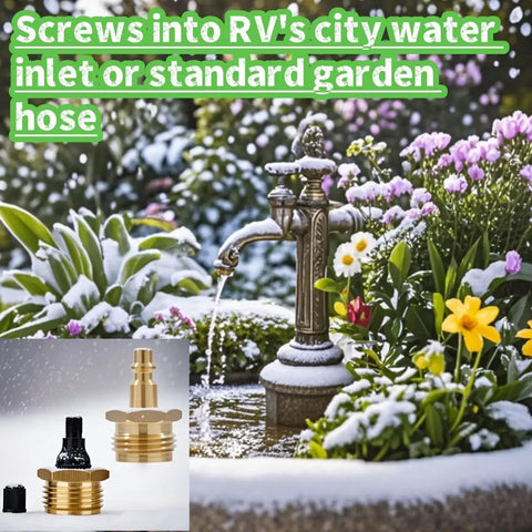 Brass Blow Out Plug For RVs, Boats, Campers And Travel Trailers with garden hose adapter in garden setting.