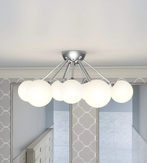 Modern Nine Light Polished Chrome Semi Flush Mount Ceiling Light With Opal Glass Orbs, mid-century vibe, mounted in hallway