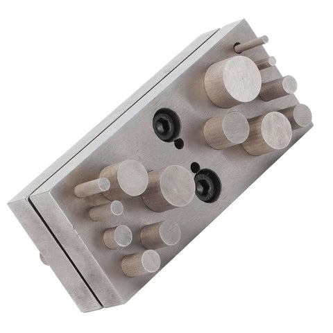 Disc Cutter Punch Set 14Pcs for Jewelry Making and Metal Gasket Punching, flat bottom die cutter with five hole sizes showcased.