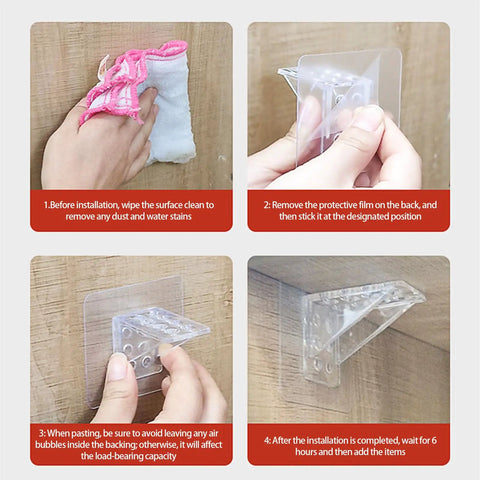 Step-by-step installation of Removable Cabinet Shelf Brackets with Clear Adhesive Backing No Drill Installs Instantly And Stays Solid.