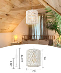 Super Easy Plug In Rattan Pendant Light With 15Ft Cord And Smooth Dimmer Switch Handwoven White Wicker Shade above a cozy bed in a boho bedroom.