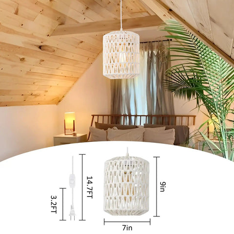 Super Easy Plug In Rattan Pendant Light With 15Ft Cord And Smooth Dimmer Switch Handwoven White Wicker Shade above a cozy bed in a boho bedroom.