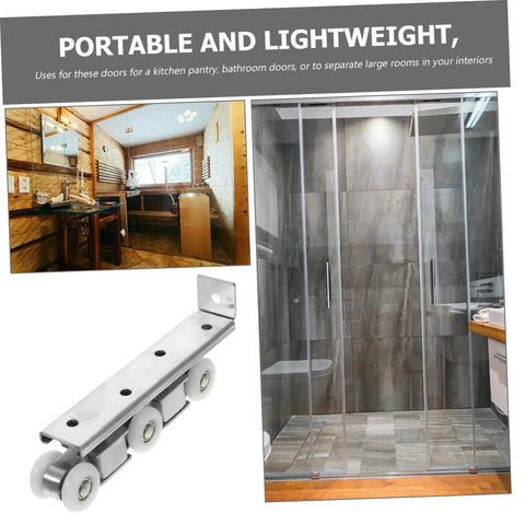 Top Tier Sliding Barn Door Track Roller System With Whisper Quiet Wheels for Kitchen Pantry or Bathroom use, featuring durable stainless steel.