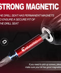 Close-up of a drill with the Ten Piece Magnetic Extension Bit Holder Set With Hex Shank One Quarter Inch S2 Steel Bits.