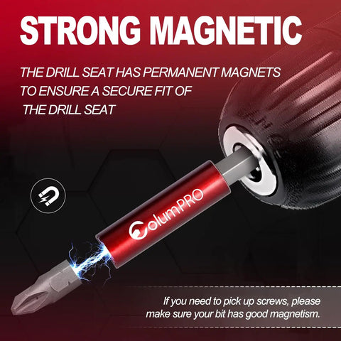 Close-up of a drill with the Ten Piece Magnetic Extension Bit Holder Set With Hex Shank One Quarter Inch S2 Steel Bits.