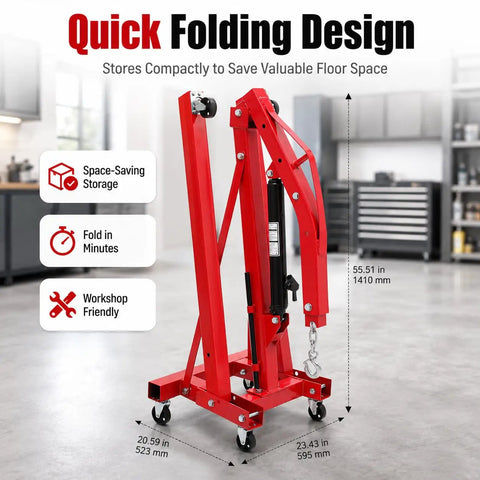 Built Tough 2 Ton Hydraulic Engine Hoist Bringing 4400 Lbs Of Serious Lifting Muscle To Your Shop With Six Swivel Wheels for compact storage.