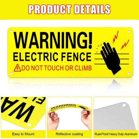 Reflective Aluminum Electric Fence Warning Signs, 8 Pack, 10 By 4 Inches, Weatherproof Outdoor Safety Signs For Farm And Home, UV Gloss Finish For Maximum Visibility And Durability