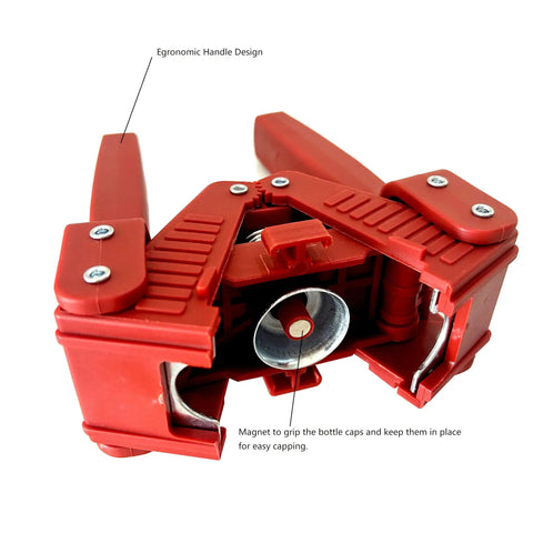 Manual Beer Bottle Capper Tool With 150 Count 26mm Crown Caps in red ABS, ergonomic design, shown in close-up view.