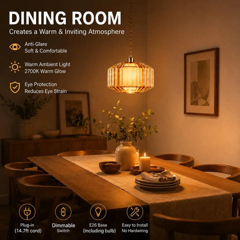 Plug In Dimmable Pendant Light Featuring Amber Drum Glass And Gold Fabric Inner Shade, Vintage Swag Hanging Lamp over dining table.
