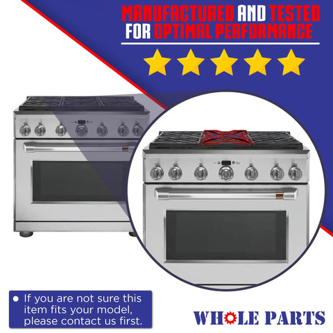 Durable Range Burner Grate WB31K10252 Replacement For GE Ranges shown on stainless steel cooktop with star ratings